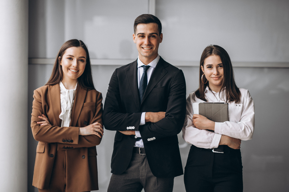 Senior leadership conversation in a premium office